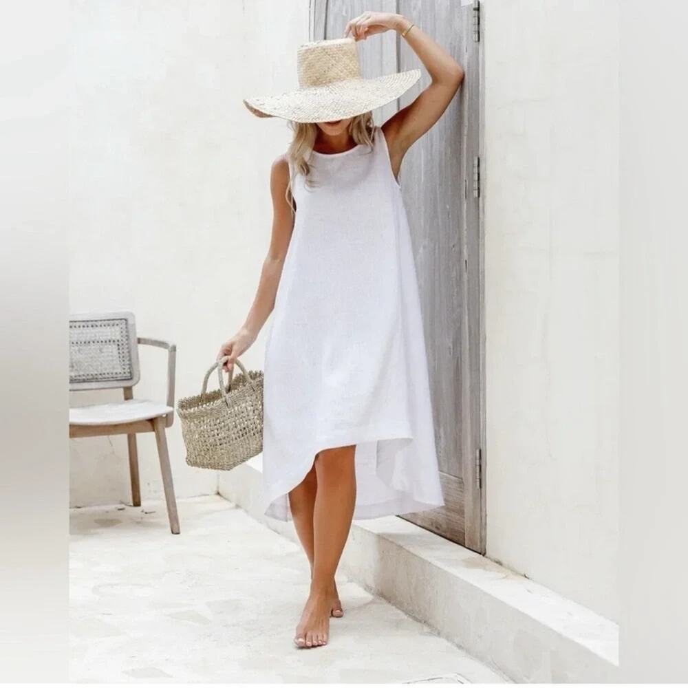 NWT Magic Linen Royal Toscana 100% Linen White Hi-Low Dress Pockets Womens Large